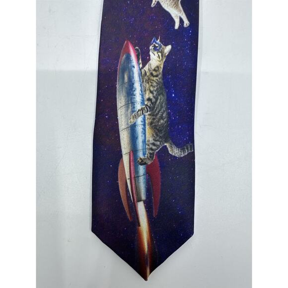 Purple Cosmic/Galaxy Zip Up Business Tie With Cats and Rocket - Picture 3 of 12